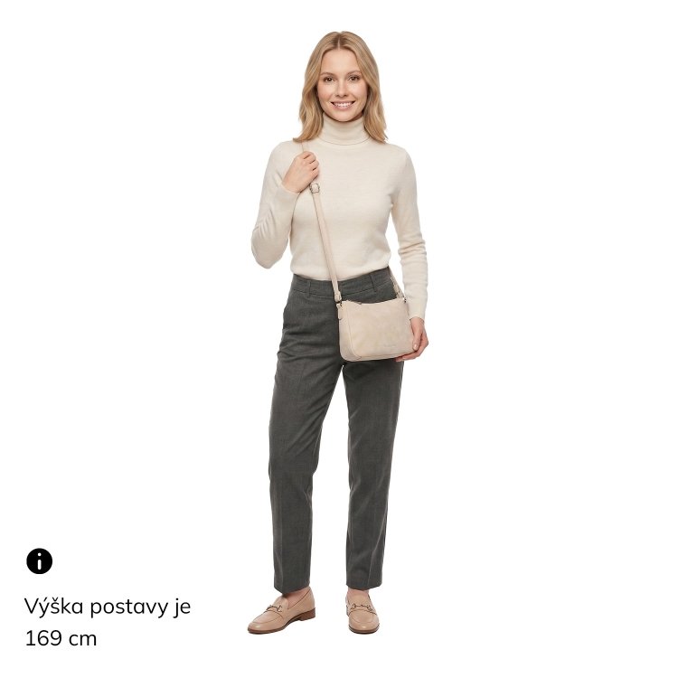 Malá minimalistická crossbody kabelka s hebkým povrchom Tangerin materiál syntetická koža zapínanie na zips farba béžová veľkosť malá 7016 BE Na postave