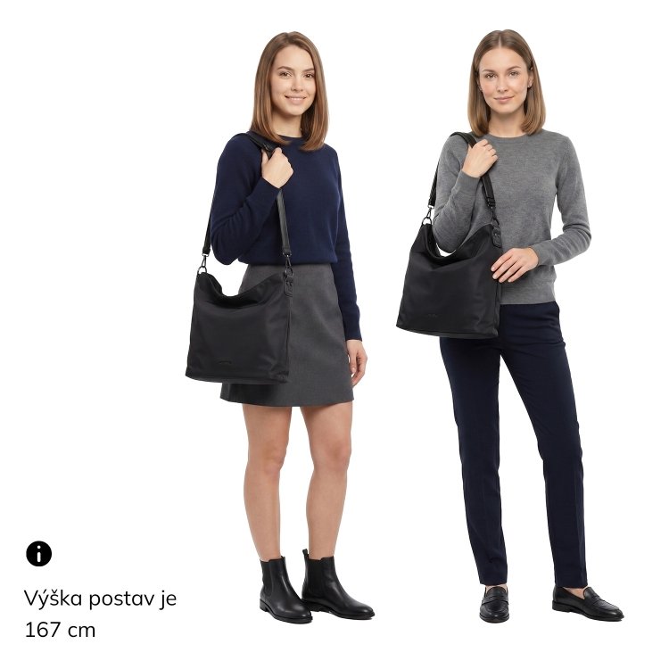 Elegantná dámska kabelka s dvoma popruhmi Carmelo materiál nylon zapínanie na zips farba čierna veľkosť stredná 6603 C LE Na postave