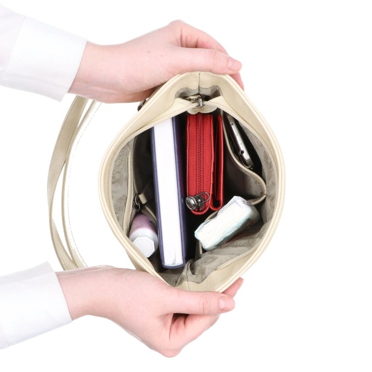 Stredne veľká crossbody kabelka s motívom Indee materiál syntetická koža zapínanie na zips farba béžová veľkosť malá 6329 BE Vnútro