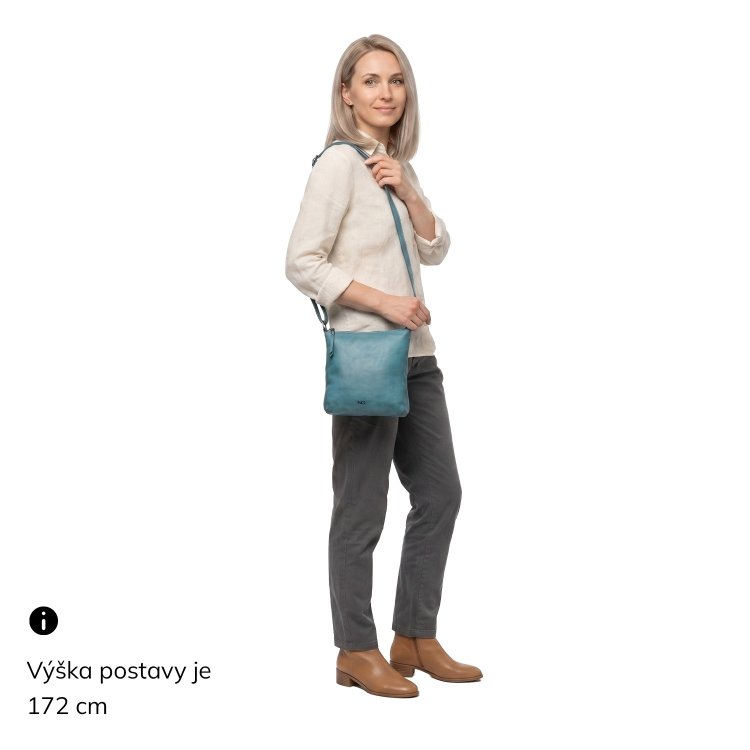Elegantná kožená crossbody kabelka Noelia Bolger materiál kože zapínanie na zips farba tyrkysová veľkosť malá NB 2415 TYR Na postave
