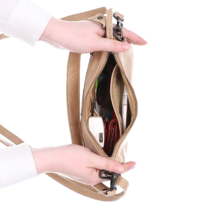 Módna kožená kabelka s dvoma popruhmi Noelia Bolger materiál kože zapínanie na zips farba béžová veľkosť malá NB 2425 BE Vnútro
