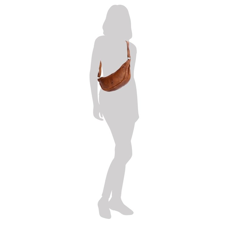 Kožená moonbag kabelka cez rameno Noelia Bolger materiál kože zapínanie na zips farba koňaková veľkosť malá NB 2412 KO Na postave