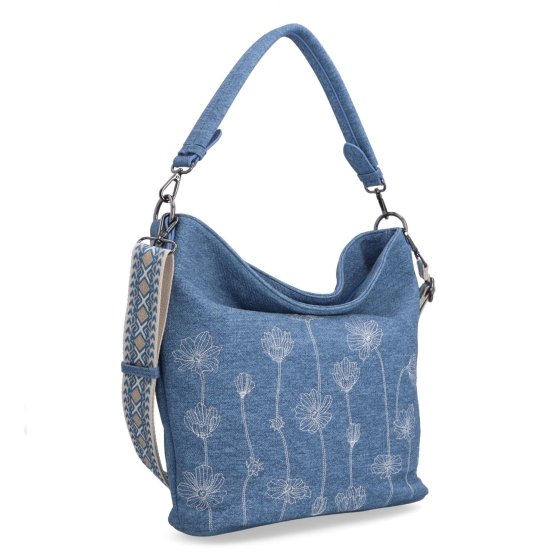 Priestranná crossbody taška s kvetinovým vzorom Indee materiál syntetická koža zapínanie na zips farba modrá veľkosť stredná 6337 M