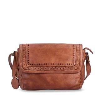 Dizajnová kožená crossbody kabelka s chlopňou Noelia Bolger materiál kože zapínanie na zips farba koňaková veľkosť malá NB 2026 KO Spredu