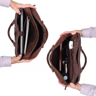 Kožená pánska taška s priehradkami na notebook Poyem materiál kože zapínanie na zips farba hnedá veľkosť veľká 2222 Poyem H Vnútro