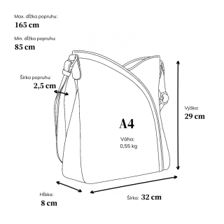 Asymetrická crossbody kabelka s prešívaním Tangerin materiál syntetická koža zapínanie na zips farba vínová veľkosť stredná 8023 BO Rozmery