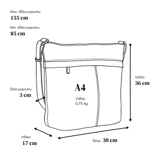 Veľká crossbody kabelka Carmelo materiál syntetická koža zapínanie na zips farba čierna veľkosť veľká 4322 C Rozmery