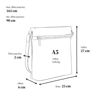 Menší crossbody kabelka Tangerin materiál syntetická koža zapínanie na zips farba čierna veľkosť stredná 8022 C Rozmery