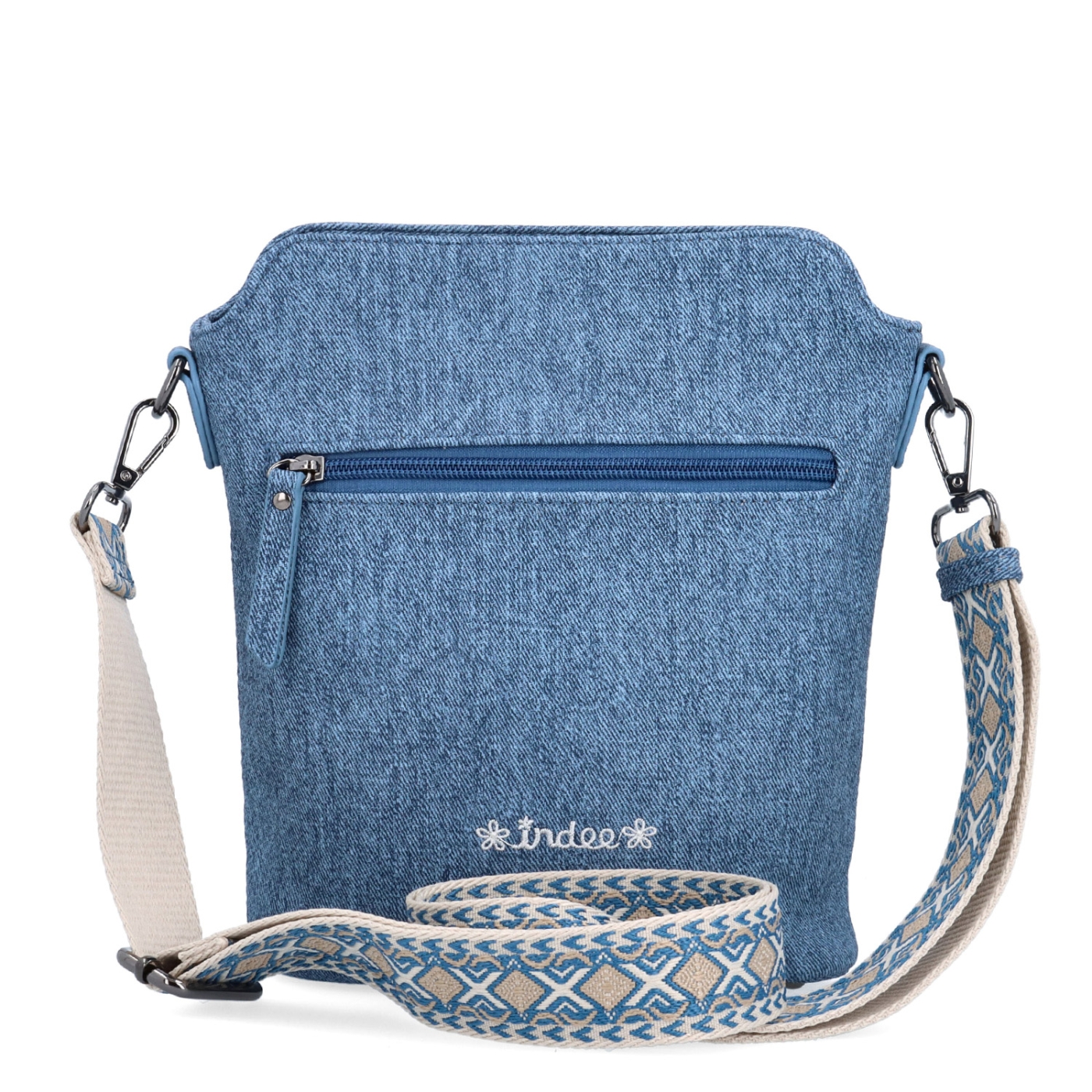 Crossbody kabelka s dekoratívnym vzorom a širokým popruhom Indee materiál syntetická koža zapínanie na zips farba modrá veľkosť malá 6343 M Zozadu