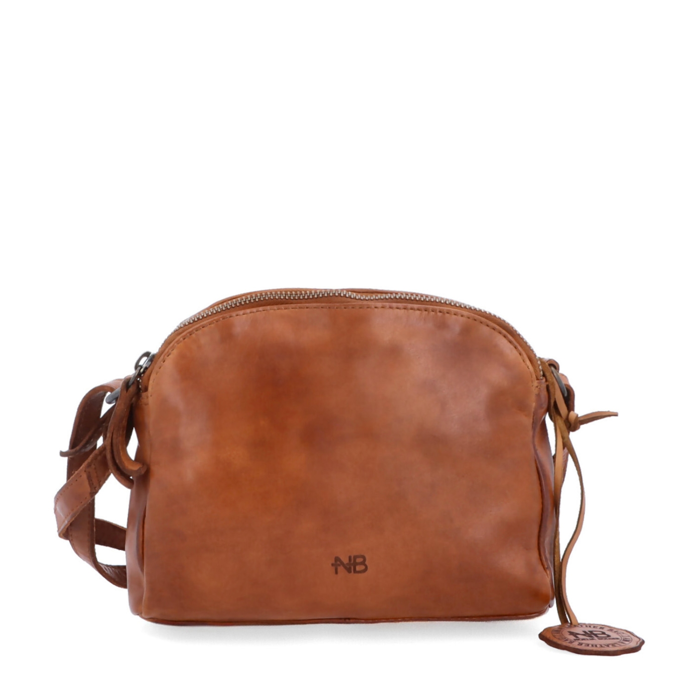 Kvalitná kožená crossbody kabelka Noelia Bolger materiál kože zapínanie na zips farba koňaková veľkosť malá NB 2408 KO Spredu