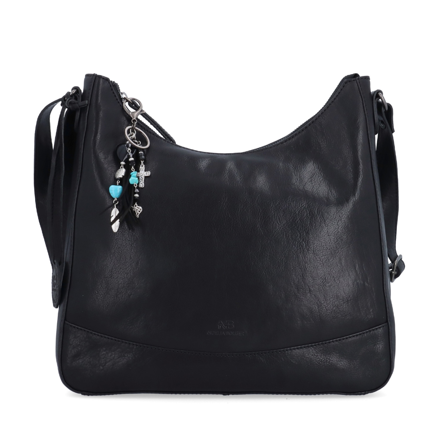 Kožená crossbody kabelka s moderným príveskom Noelia Bolger materiál kože zapínanie na zips farba čierna veľkosť stredná NB 3106 C Spredu