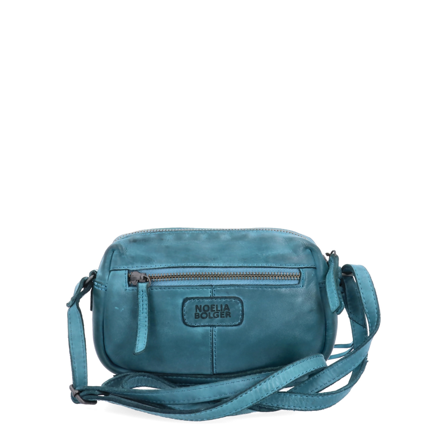 Minimalistická kožená crossbody kabelka Noelia Bolger materiál kože zapínanie na zips farba tyrkysová veľkosť malá NB 2417 TYR Zozadu