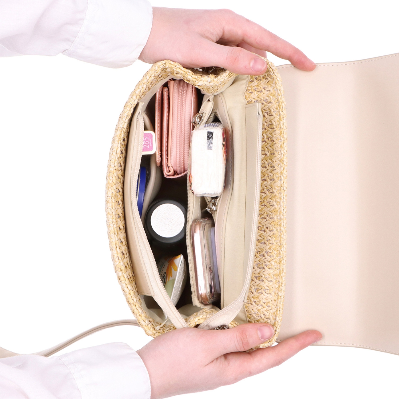 Elegantná straw kabelka do ruky i crossbody Le Sands materiál syntetická koža zapínanie na zámoček farba béžová veľkosť malá 4615 BE Vnútro
