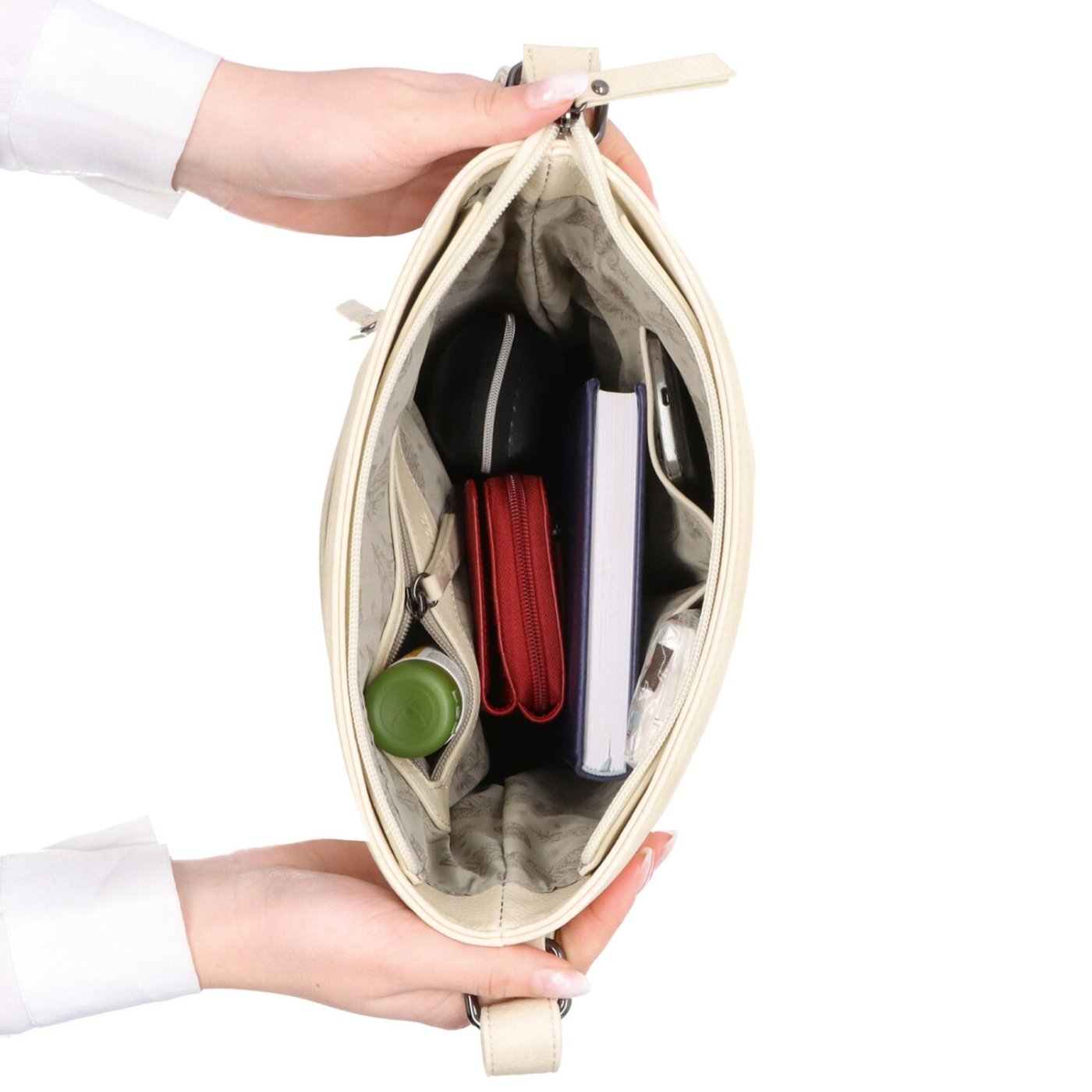 Priestranná crossbody kabelka s motívom Indee materiál syntetická koža zapínanie na zips farba béžová veľkosť stredná 6327 K Vnútro