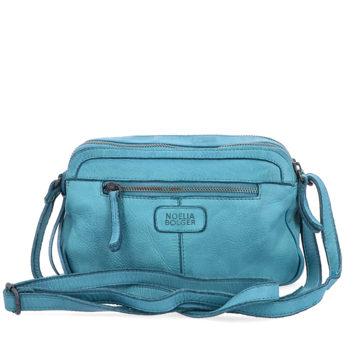Minimalistická kožená crossbody kabelka Noelia Bolger materiál kože zapínanie na zips farba tyrkysová veľkosť malá NB 2407 TYR Zozadu