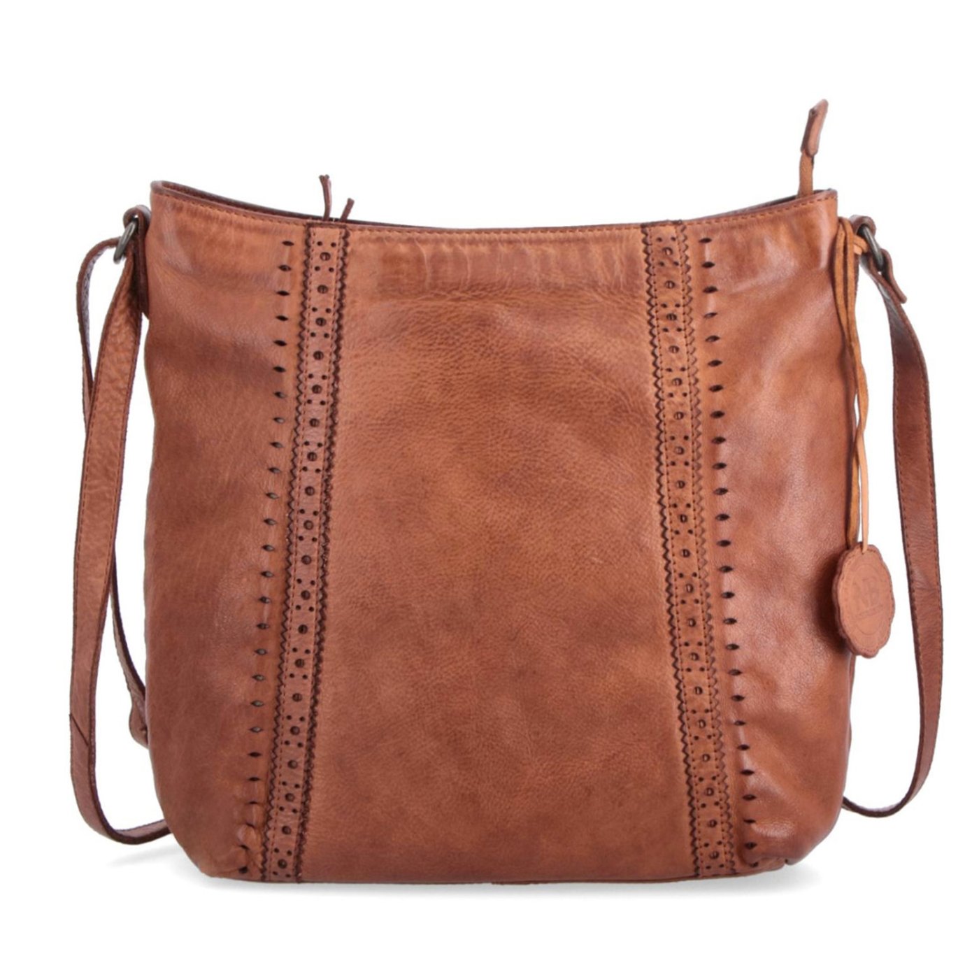 Kožená kabelka s perforáciou a nastaviteľným crossbody popruhom Noelia Bolger materiál kože zapínanie na zips farba koňaková veľkosť stredná NB 2029 KO Spredu
