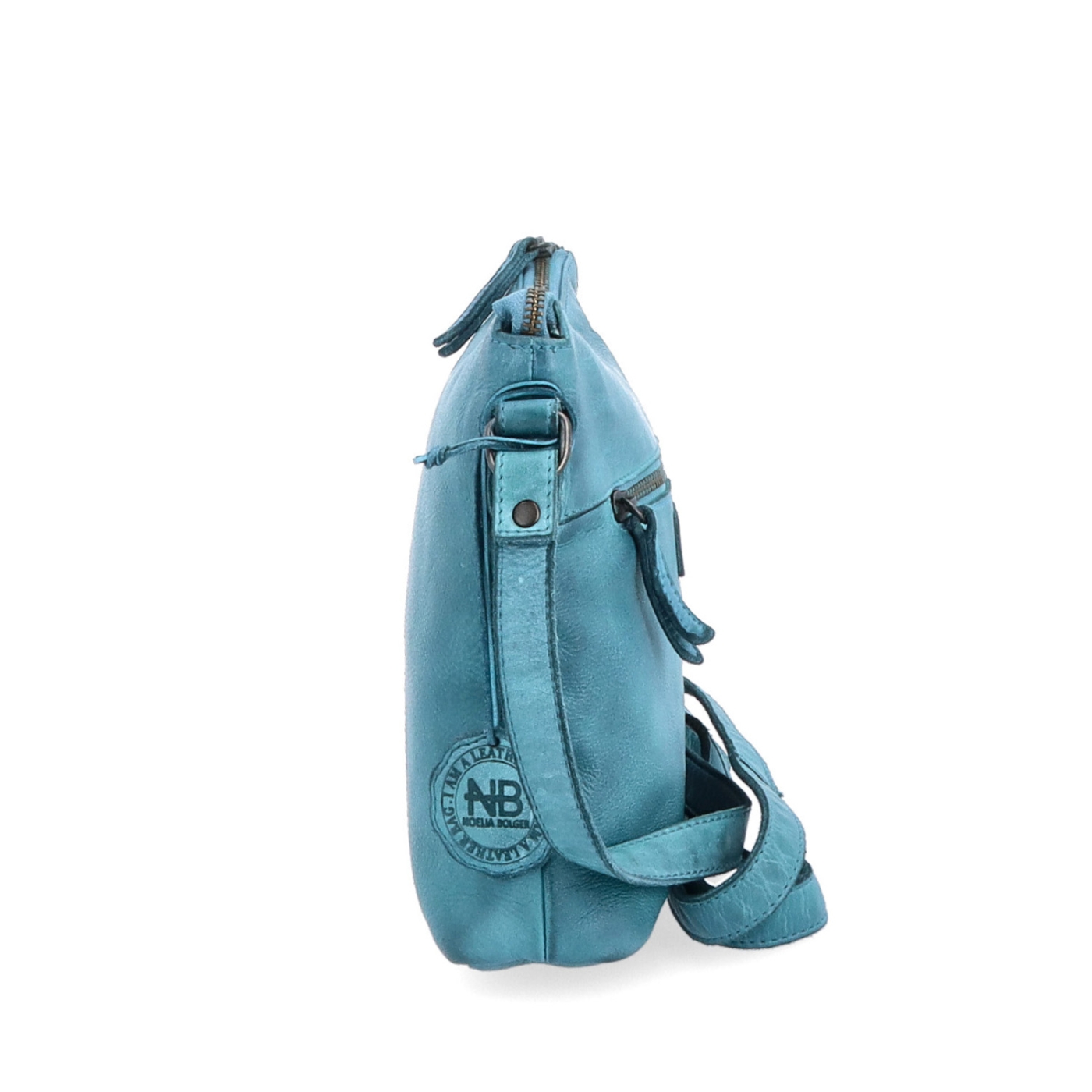 Kožená crossbody kabelka s moderným dizajnom Noelia Bolger materiál kože zapínanie na zips farba tyrkysová veľkosť malá NB 2400 TYR Z boku
