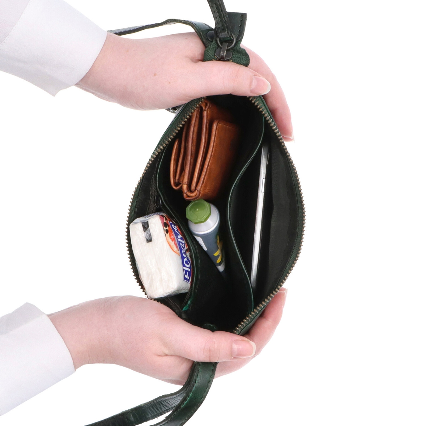 Malá elegantná kožená crossbody kabelka Noelia Bolger materiál kože zapínanie na zips farba zelená veľkosť malá NB 2420 ZE Vnútro