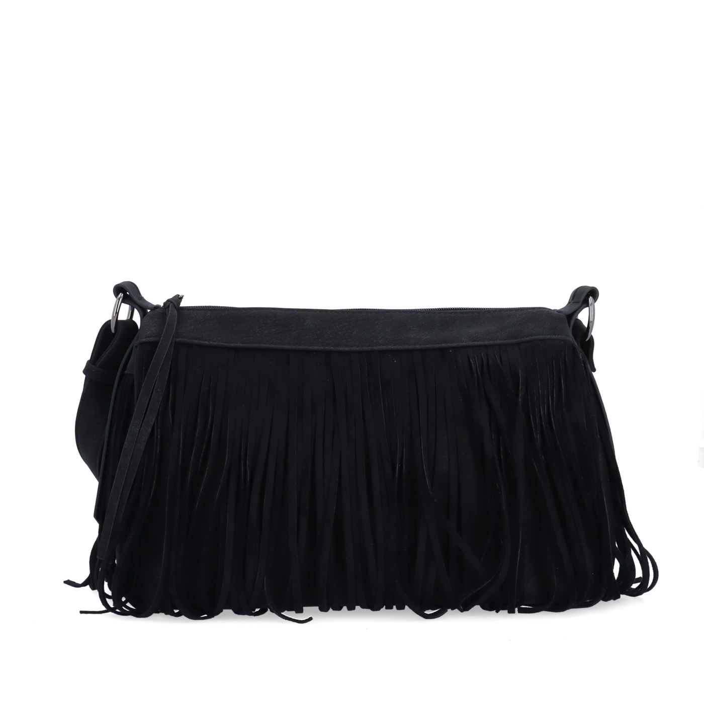 Štýlová crossbody kabelka so strapcami Carmelo materiál syntetická koža zapínanie na zips farba čierna veľkosť stredná 4674 C Spredu