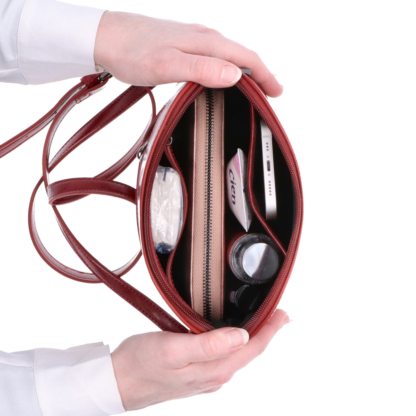 Elegantná kožená crossbody k šatám aj saku Noelia Bolger materiál kože zapínanie na zips farba červená veľkosť malá NB 0078 TCV Vnútro