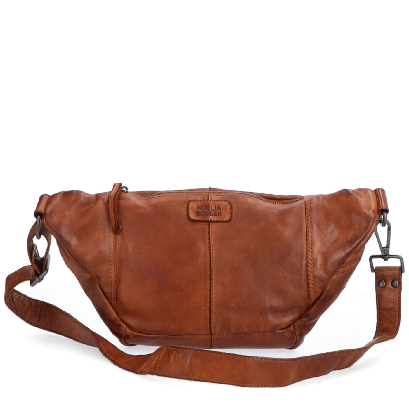 Moderná kožená crossbody ľadvinka s dvoma zipsami Noelia Bolger materiál kože zapínanie na zips farba koňaková veľkosť stredná NB 2035 KO Zozadu