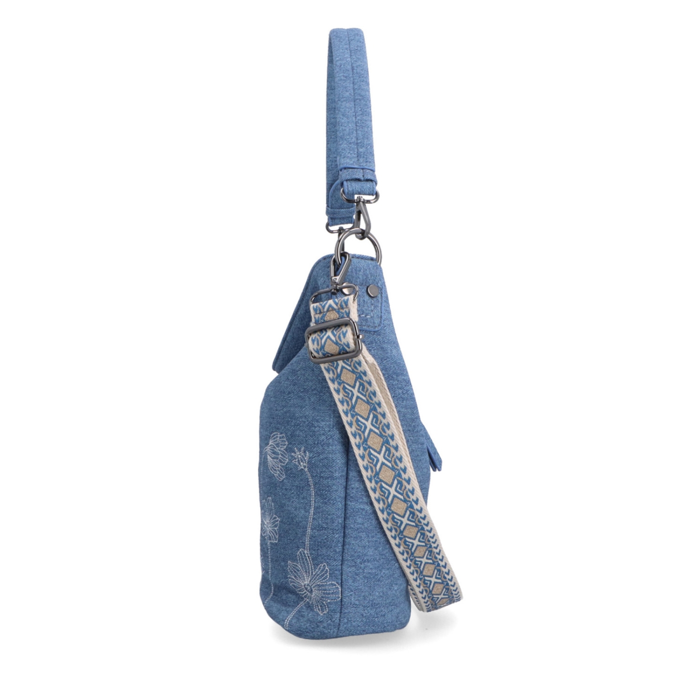 Priestranná crossbody taška s kvetinovým vzorom Indee materiál syntetická koža zapínanie na zips farba modrá veľkosť stredná 6337 M Z boku
