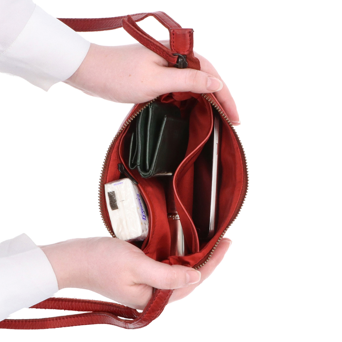 Malá elegantná kožená crossbody kabelka Noelia Bolger materiál kože zapínanie na zips farba červená veľkosť malá NB 2420 CV Vnútro