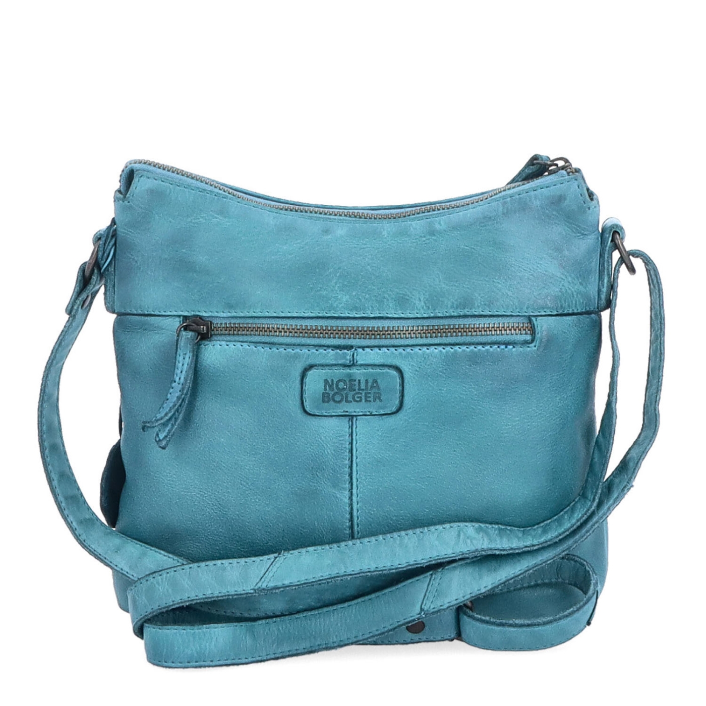 Kožená crossbody kabelka s moderným dizajnom Noelia Bolger materiál kože zapínanie na zips farba tyrkysová veľkosť malá NB 2400 TYR Zozadu