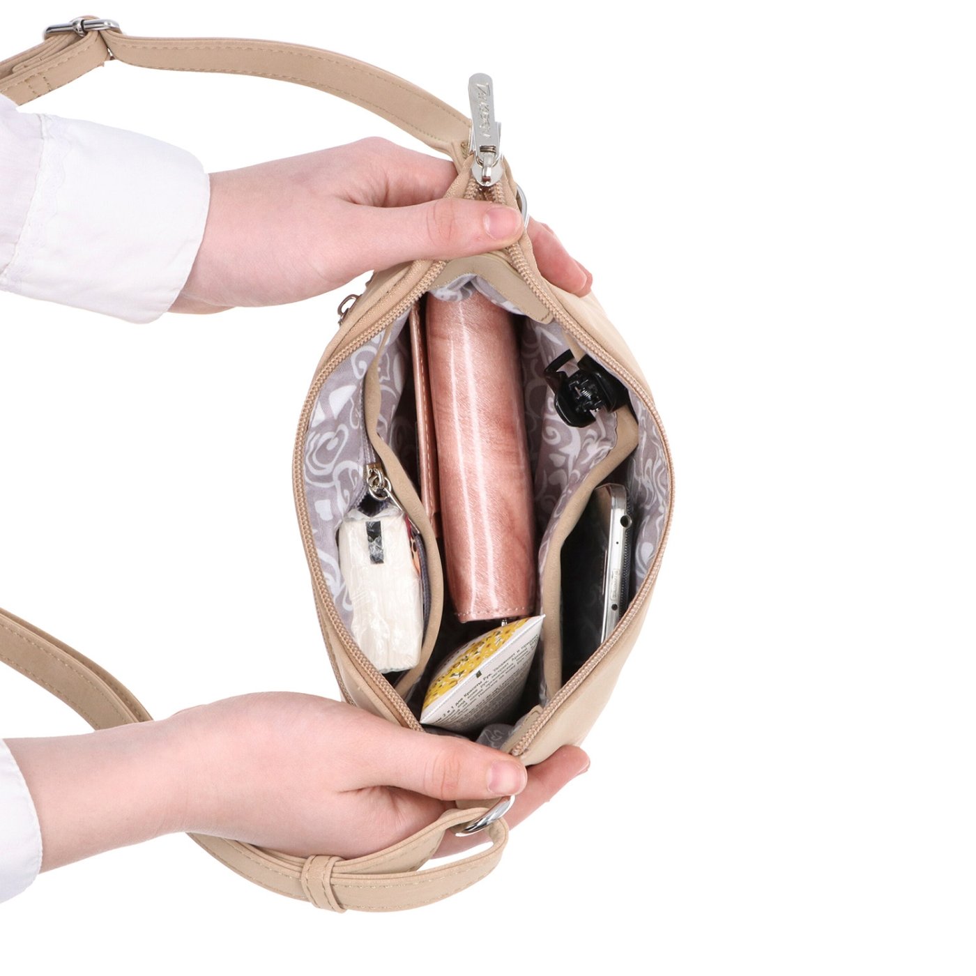 Malá minimalistická crossbody kabelka s hebkým povrchom Tangerin materiál syntetická koža zapínanie na zips farba béžová veľkosť malá 7016 BE Vnútro