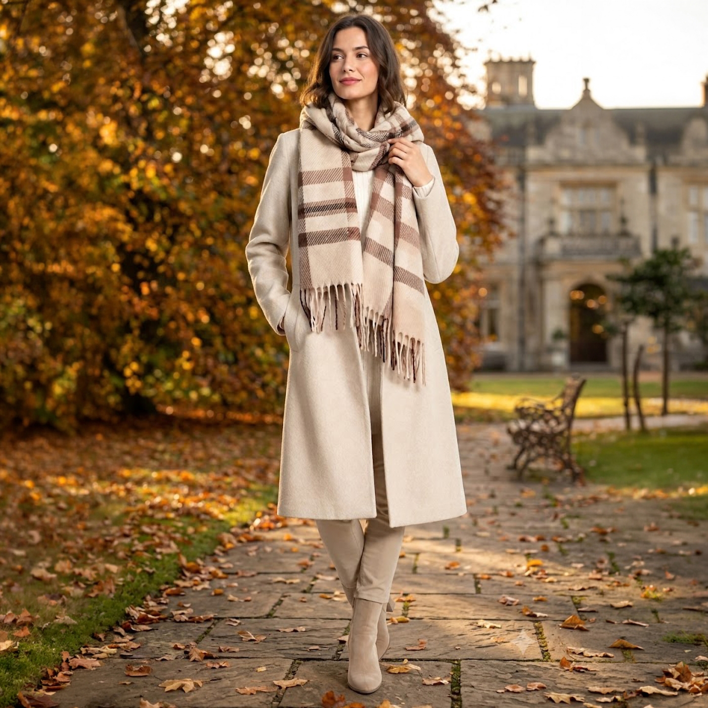 Príjemný šál s károvaným vzorom Noelia Bolger materiál Polyester s prímesou vlny farba béžová KZ001 - 06