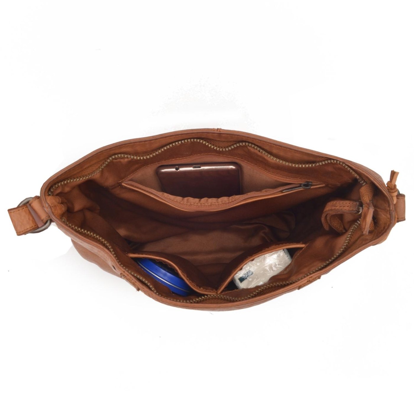Kožená kabelka s perforáciou a nastaviteľným crossbody popruhom Noelia Bolger materiál kože zapínanie na zips farba koňaková veľkosť stredná NB 2029 KO Vnútro