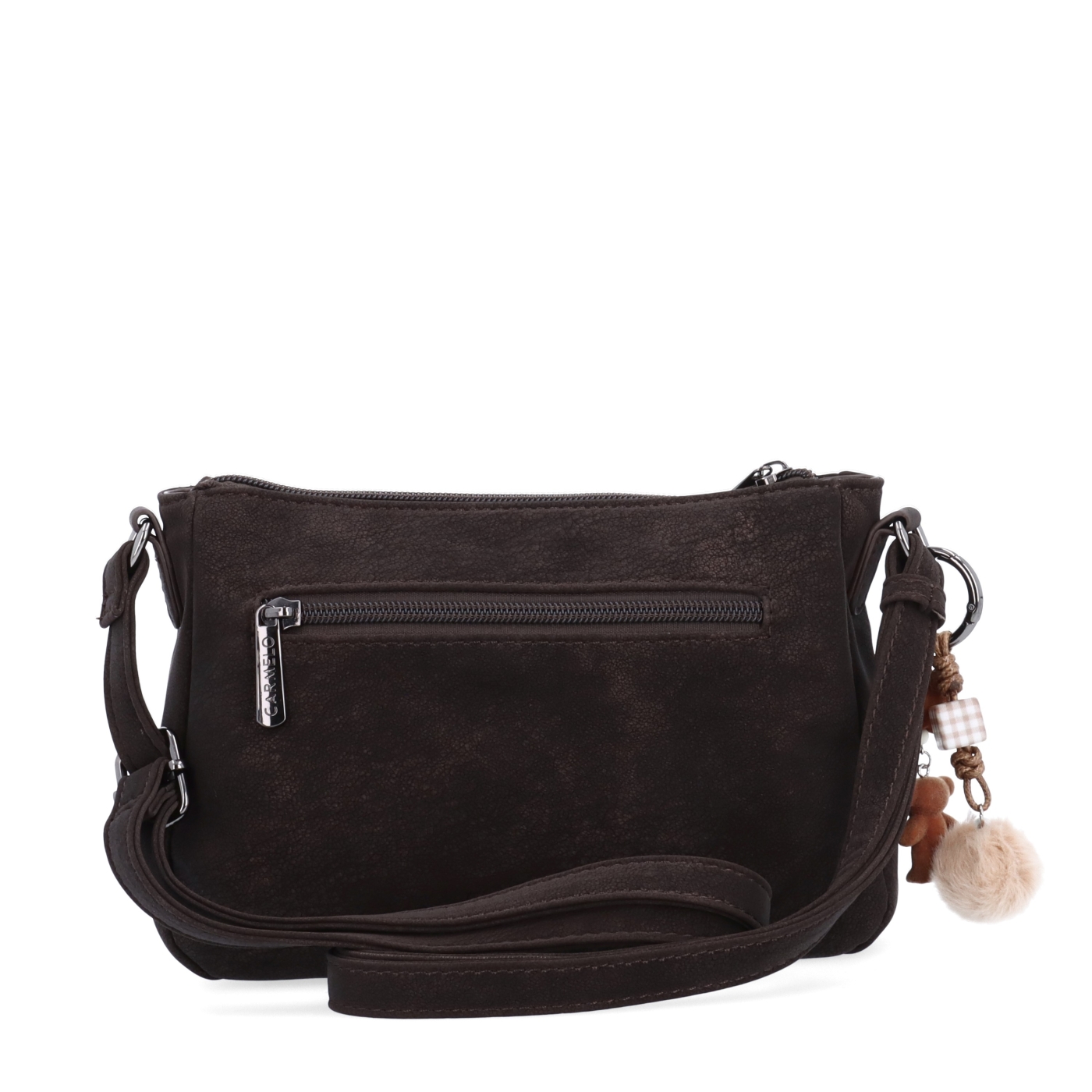 Elegantná malá crossbody kabelka Carmelo materiál syntetická koža zapínanie na zips farba hnedá veľkosť malá 4666 TH Zozadu