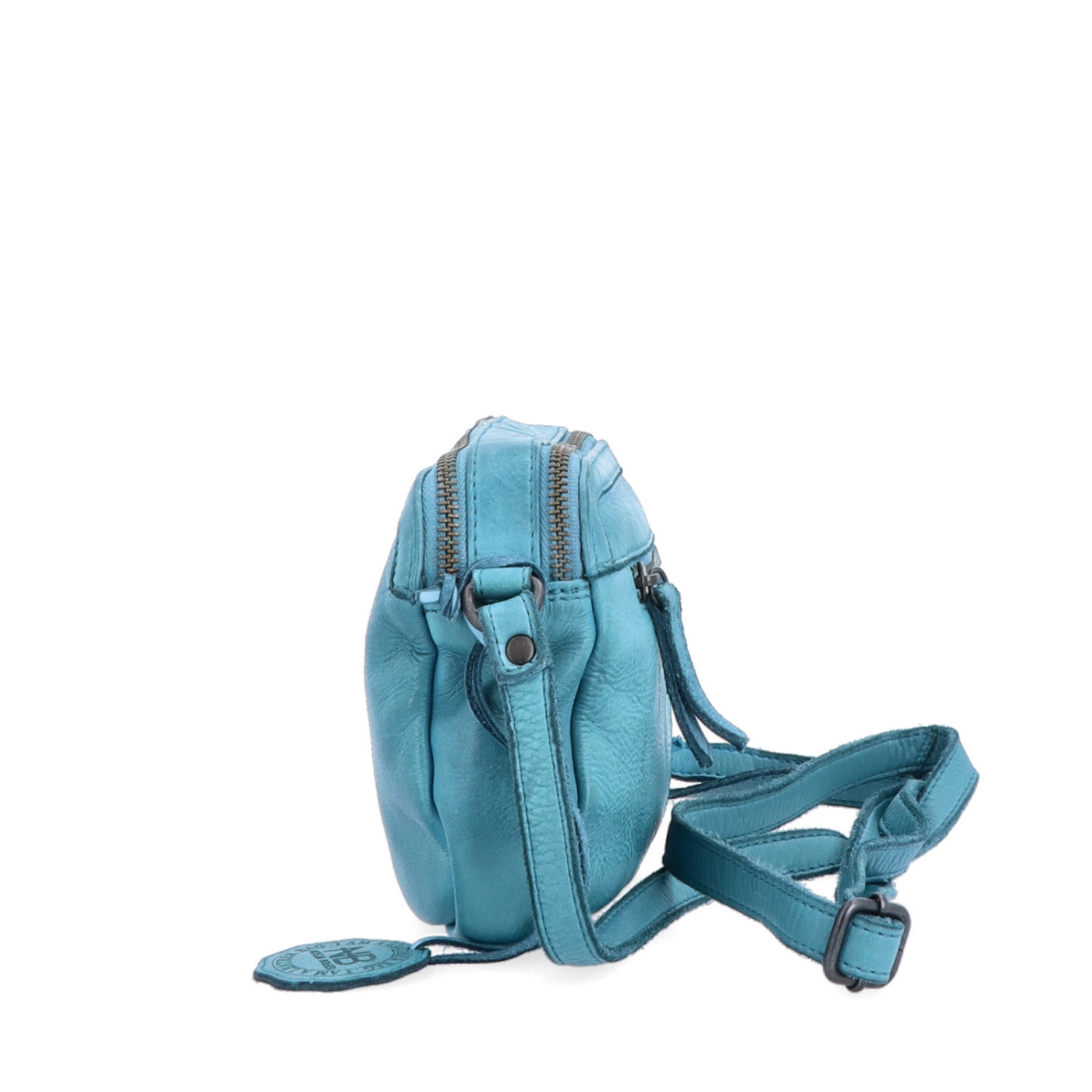 Minimalistická kožená crossbody kabelka Noelia Bolger materiál kože zapínanie na zips farba tyrkysová veľkosť malá NB 2407 TYR Z boku