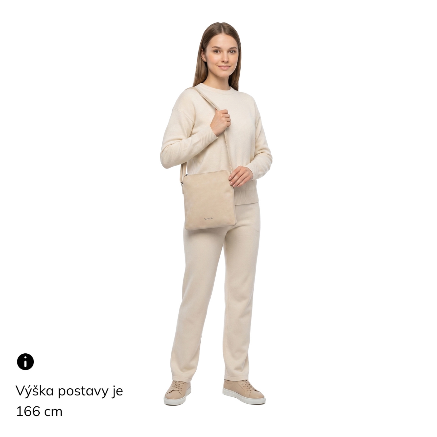 Menšia crossbody kabelka z hebkého materiálu Tangerin materiál syntetická koža zapínanie na zips farba béžová veľkosť malá 7017 SAN Na postave