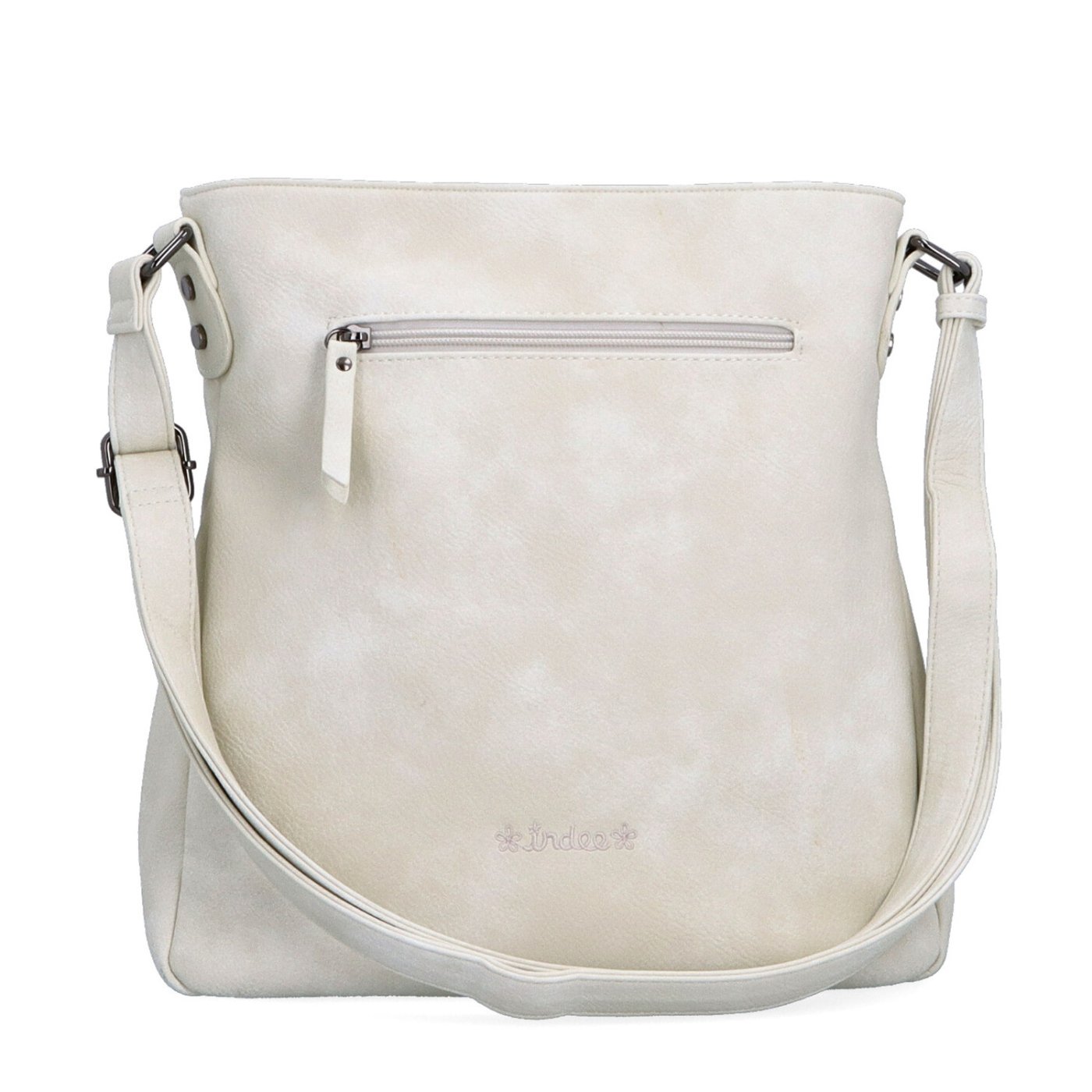 Priestranná crossbody kabelka s motívom Indee materiál syntetická koža zapínanie na zips farba béžová veľkosť stredná 6327 K Zozadu