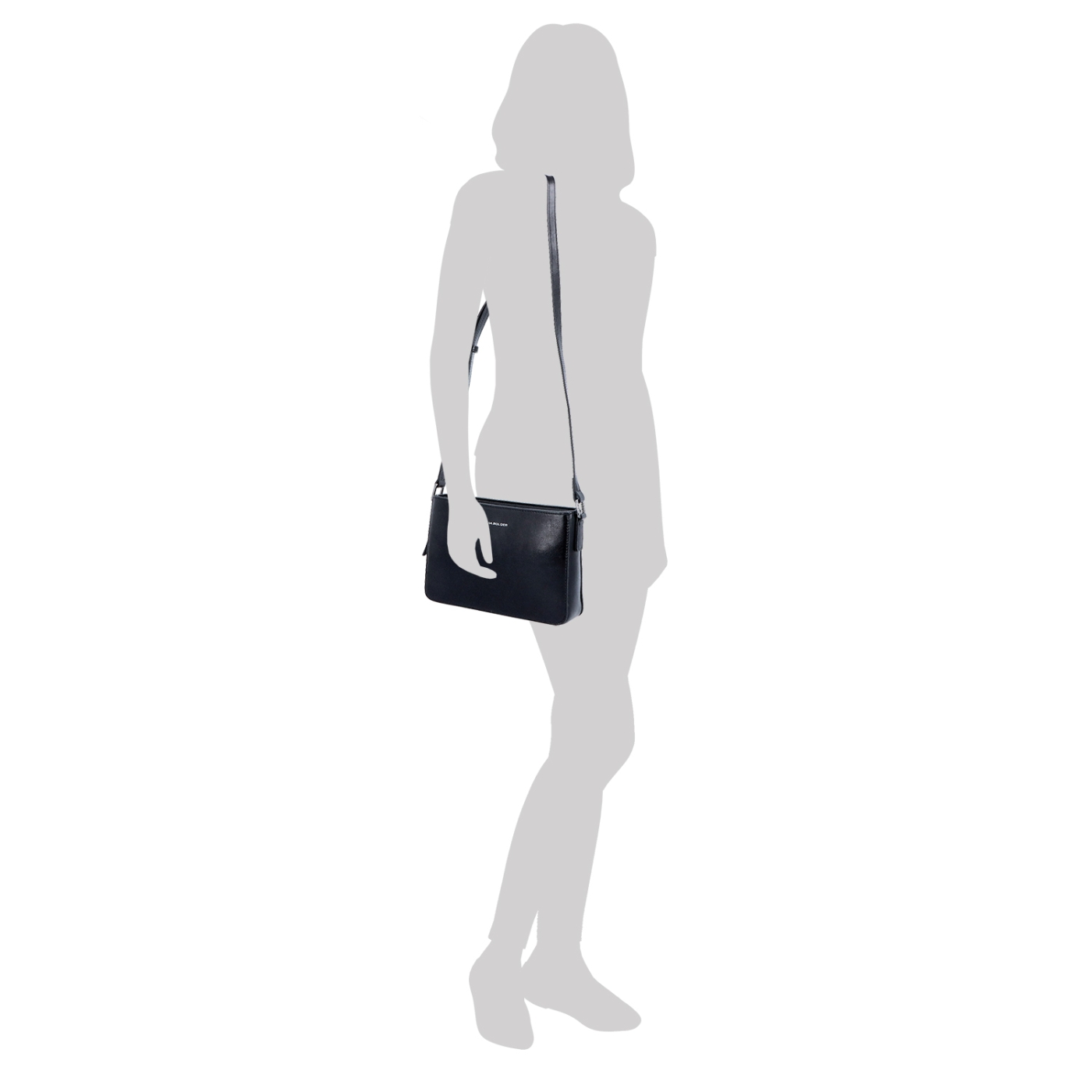 Elegantná, pevnejšia kožená crossbody kabelka Noelia Bolger materiál kože zapínanie na zips farba čierna veľkosť malá NB 0103 C Na postave