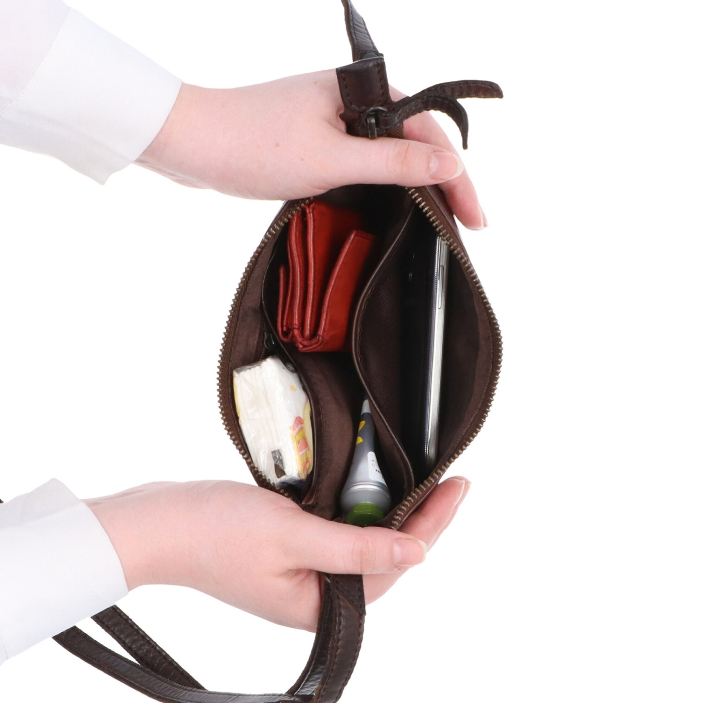 Malá elegantná kožená crossbody kabelka Noelia Bolger materiál kože zapínanie na zips farba hnedá veľkosť malá NB 2420 H Vnútro