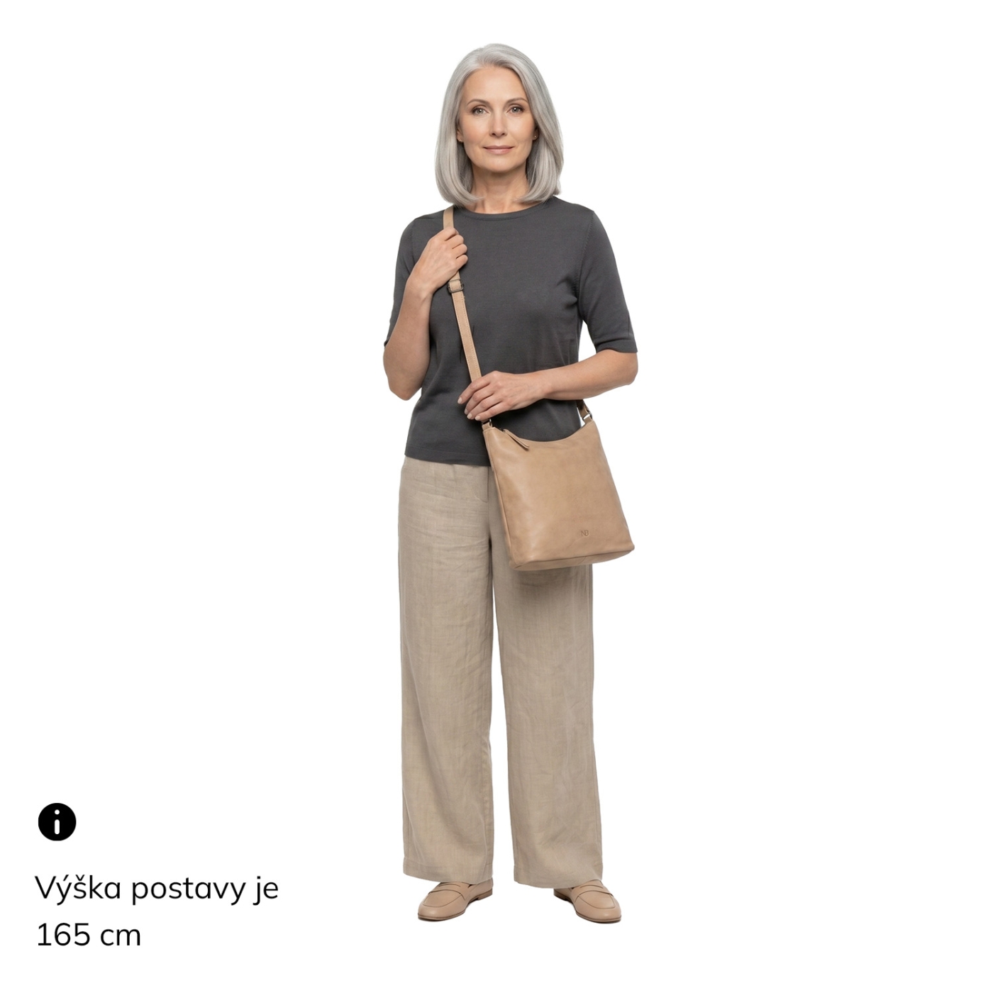 Nadčasová kožená kabelka cez rameno Noelia Bolger materiál kože zapínanie na zips farba béžová veľkosť stredná NB 2405 BE Na postave