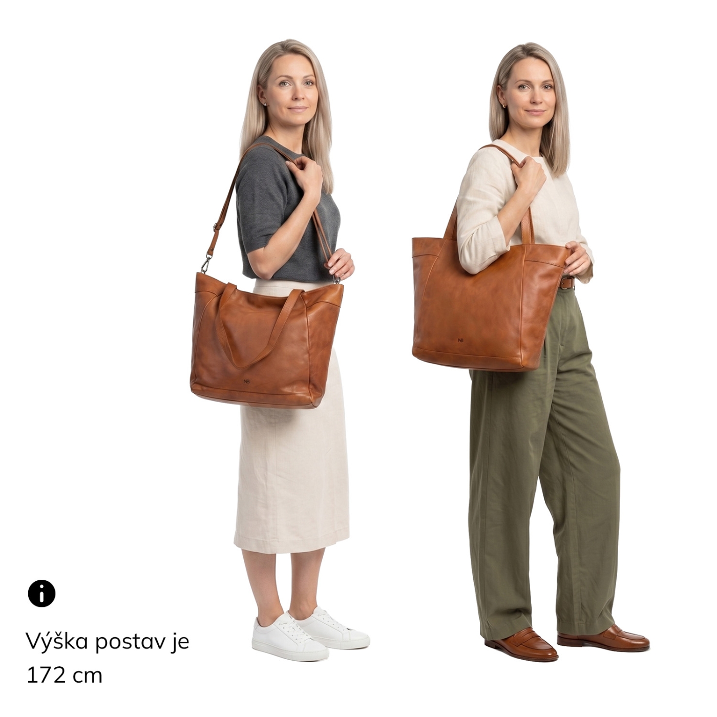 Priestranná kožená kabelka s popruhom Noelia Bolger materiál kože zapínanie na zips farba koňaková veľkosť veľká NB 2421 KO Na postave