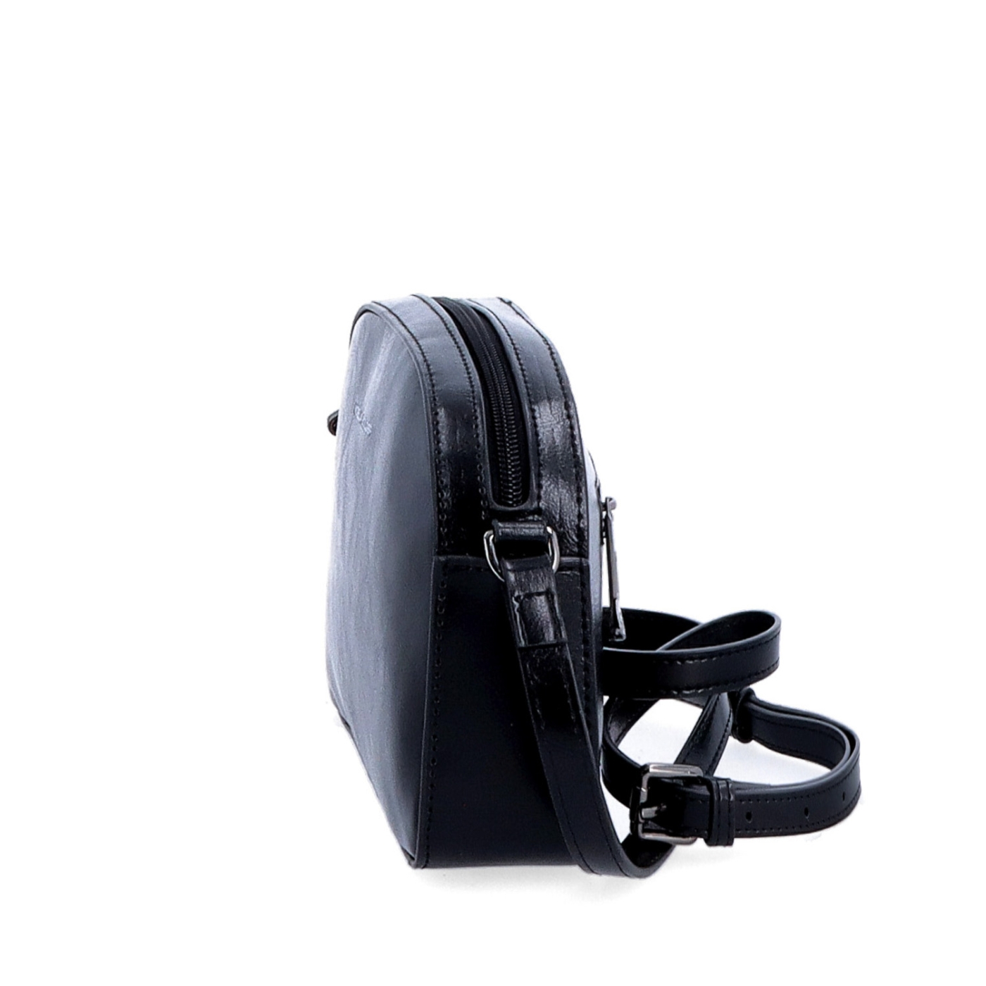 Malá minimalistická kožená crossbody kabelka Noelia Bolger materiál kože zapínanie na zips farba čierna veľkosť malá NB 0106 C Z boku