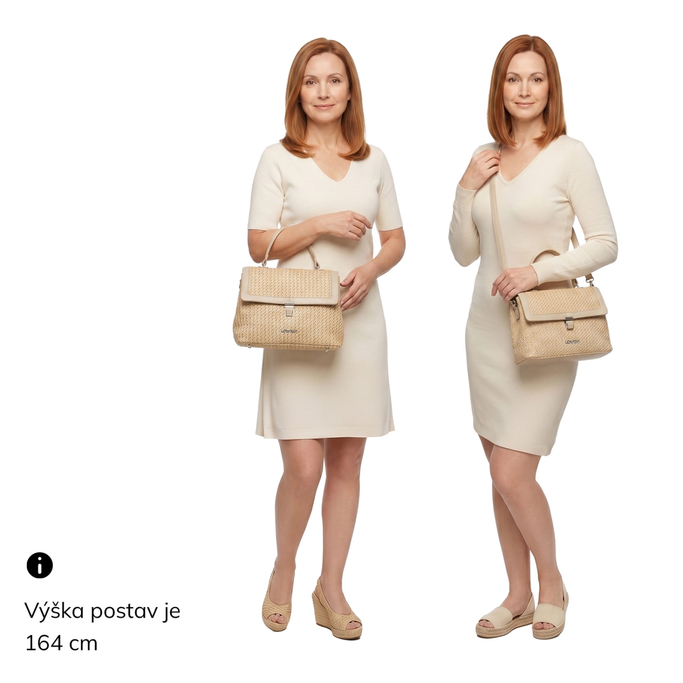 Elegantná straw kabelka do ruky i crossbody Le Sands materiál syntetická koža zapínanie na zámoček farba béžová veľkosť malá 4615 BE Na postave