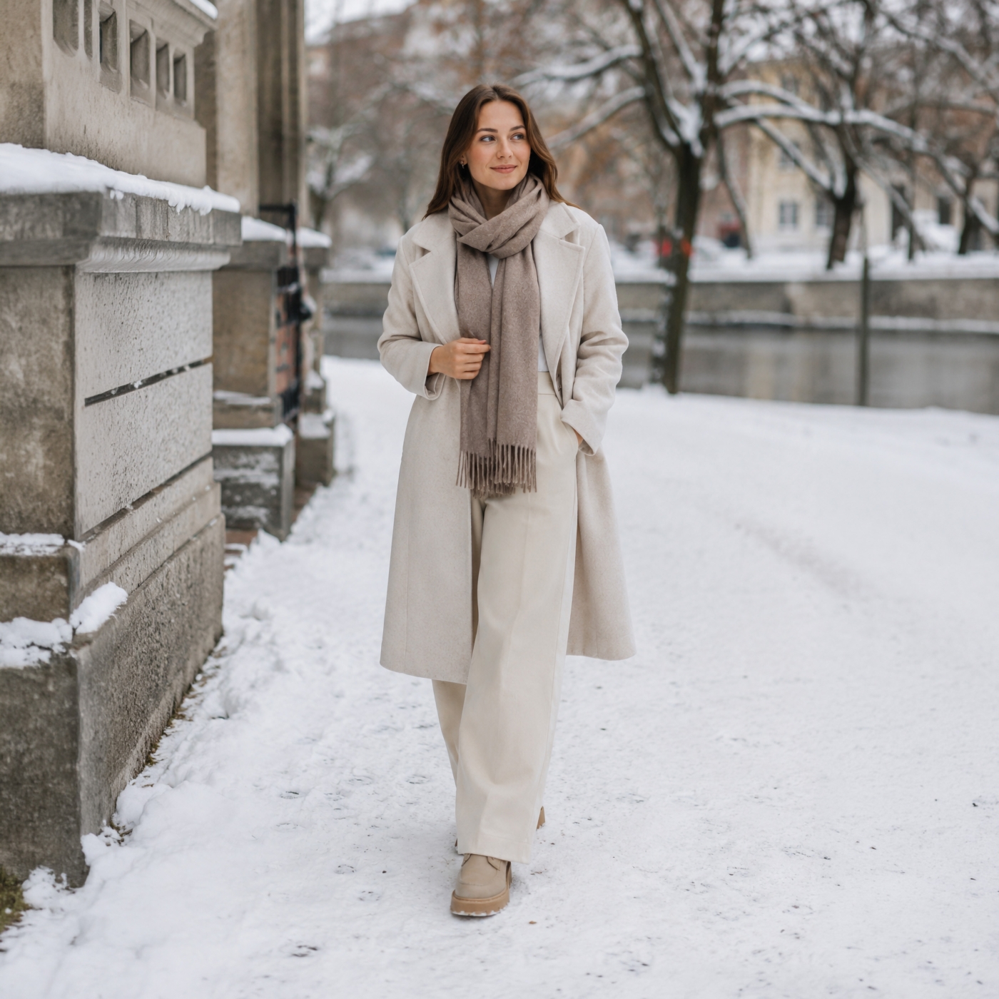 Elegantný jednofarebný šál so strapcami Noelia Bolger materiál Polyester s prímesou vlny farba taupe KZ003 - 04