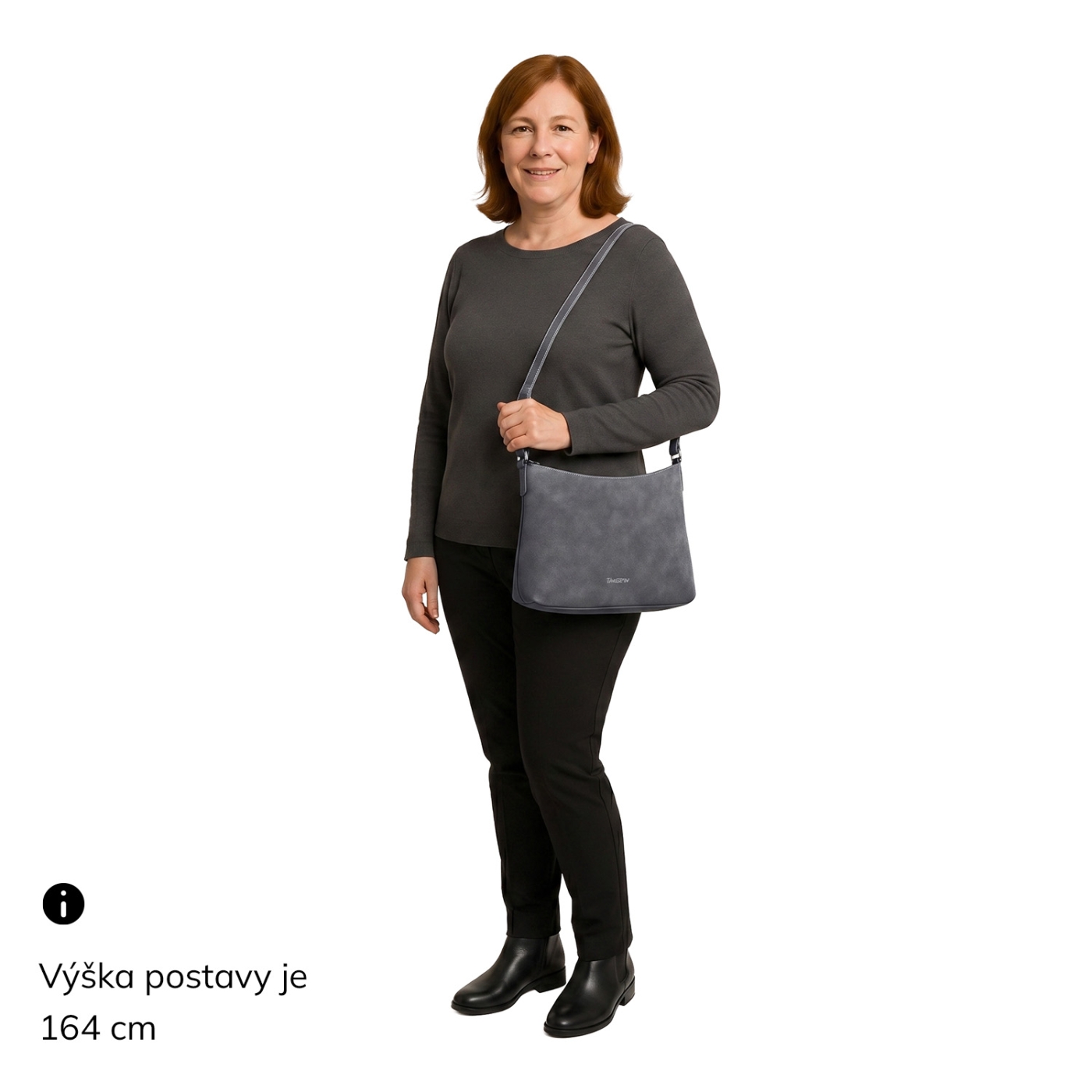 Dámska elegantná crossbody kabelka Tangerin materiál syntetická koža zapínanie na zips farba koňaková veľkosť malá 1110 CAM Na postave