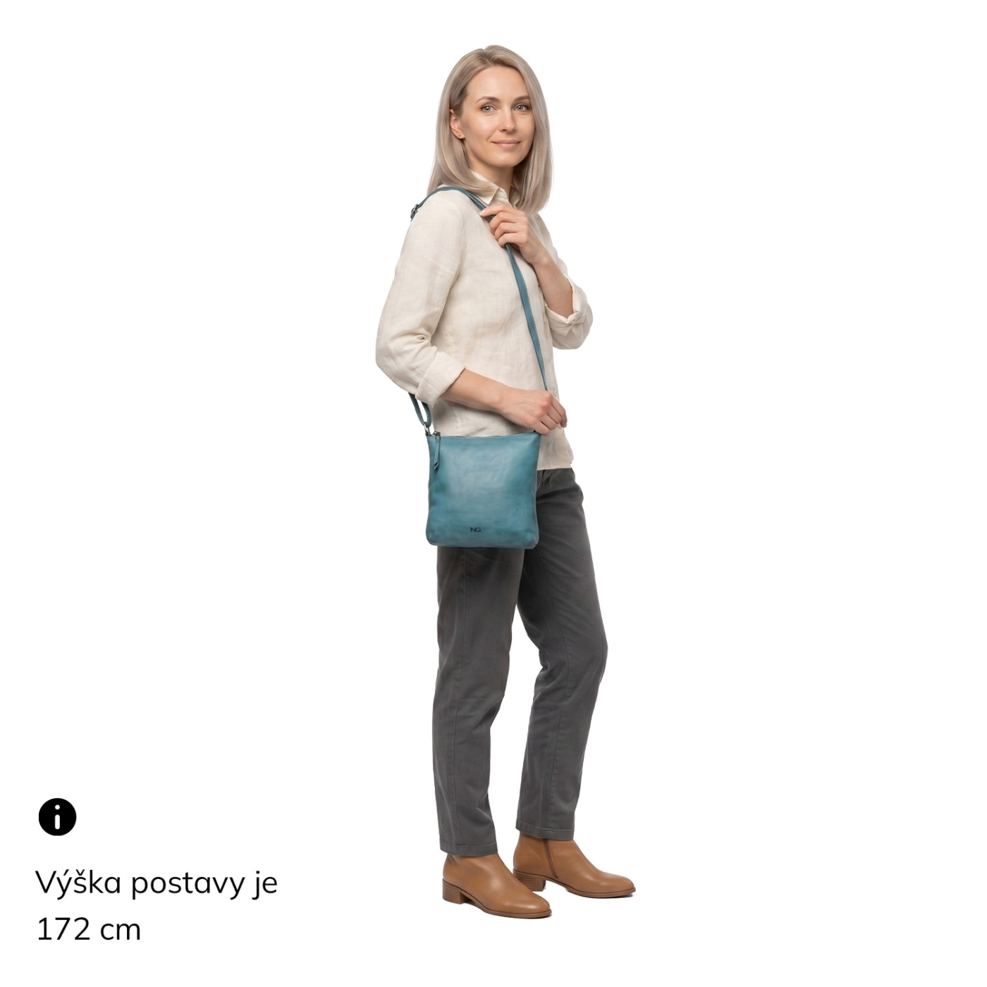 Elegantná kožená crossbody kabelka Noelia Bolger materiál kože zapínanie na zips farba tyrkysová veľkosť malá NB 2415 TYR Na postave