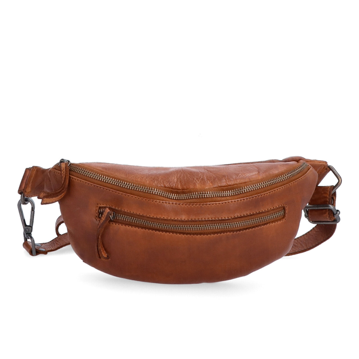 Moderná kožená crossbody ľadvinka Noelia Bolger materiál kože zapínanie na zips farba koňaková veľkosť malá NB 2402 KO Spredu