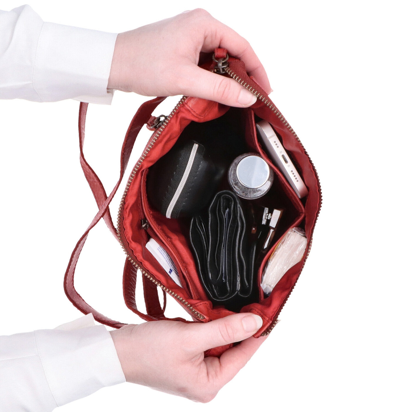 Kožená crossbody kabelka s moderným dizajnom Noelia Bolger materiál kože zapínanie na zips farba červená veľkosť malá NB 2400 CV Vnútro