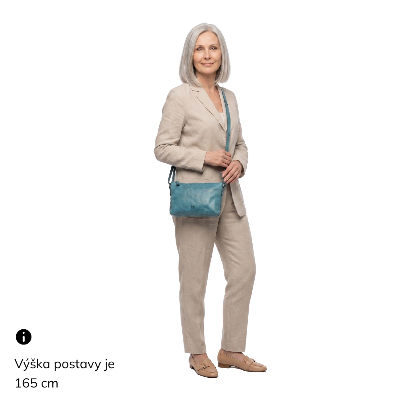 Kožená crossbody s čistými líniami Noelia Bolger materiál kože zapínanie na zips farba tyrkysová veľkosť malá NB 2414 TYR Na postave