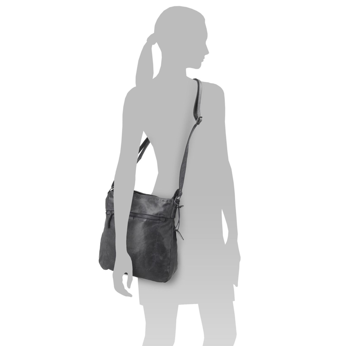Vintage kožená crossbody kabelka Noelia Bolger materiál kože zapínanie na zips farba čierna veľkosť stredná NB 2004 C Na postave