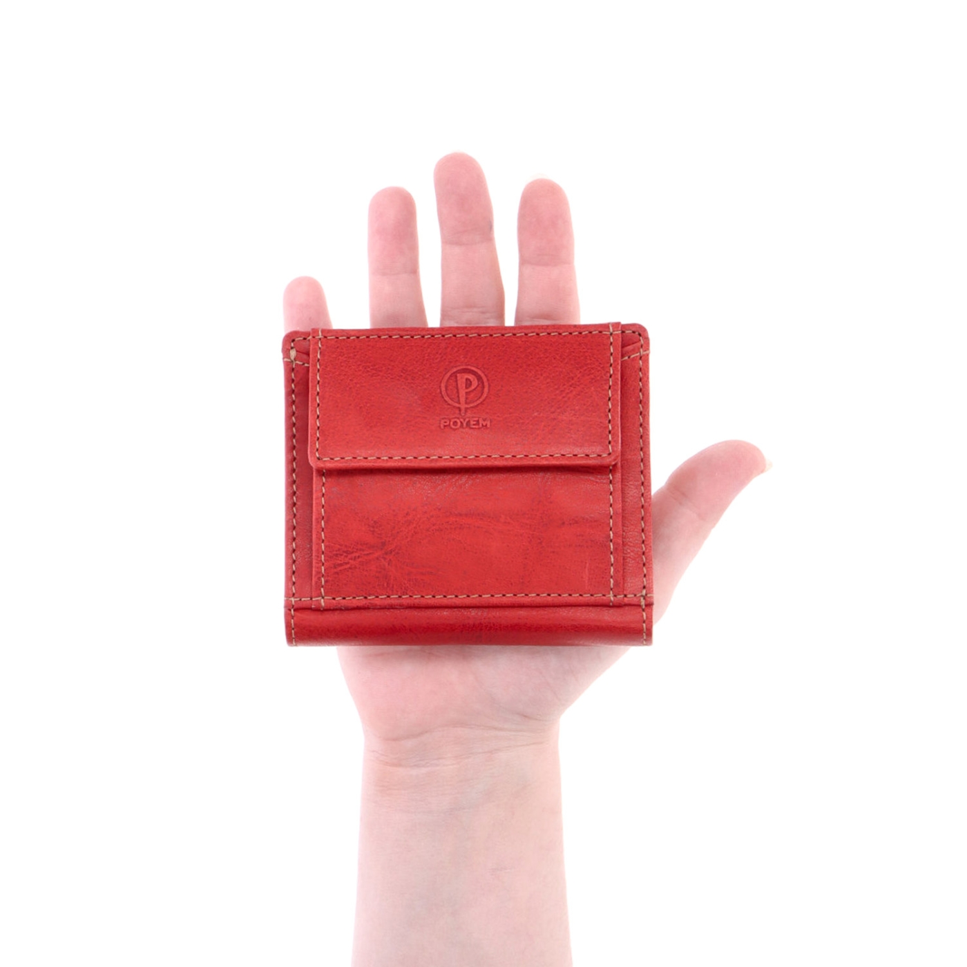 Unisex kožená peňaženka Poyem materiál kože zapínanie na cvok farba červená veľkosť malá 5239 Poyem CV V ruke