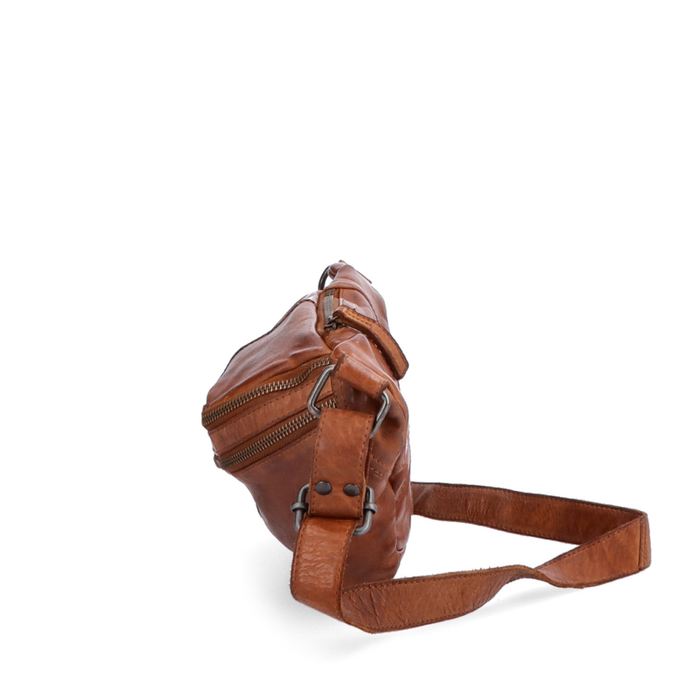 Moderná kožená crossbody ľadvinka s dvoma zipsami Noelia Bolger materiál kože zapínanie na zips farba koňaková veľkosť stredná NB 2035 KO Z boku